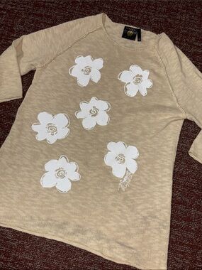 Vecceli Italy cream sweater sparkle floral relaxed knit cotton 3/4 sleeve small